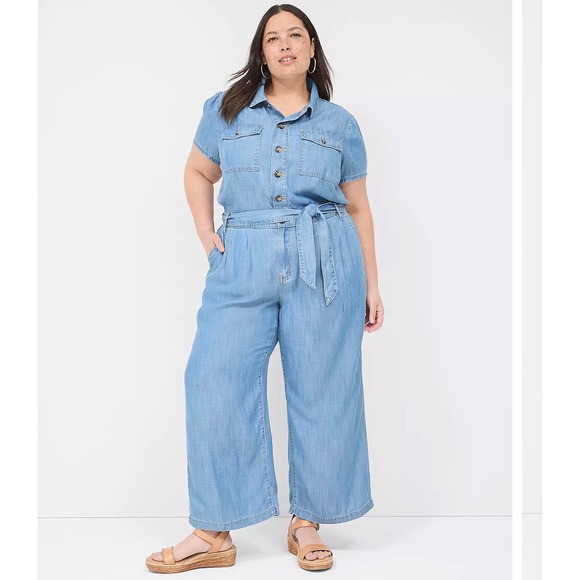 Lane Bryant Pants - Lane Bryant Women 24 Blue Chambray Tencel Wide Leg Utility Jumpsuit Light Wash